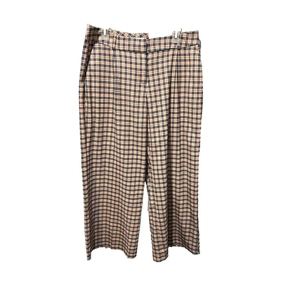 Cato Womens Beige Plaid High Rise Cropped Pants 12 P Stretch Wide Leg NEW